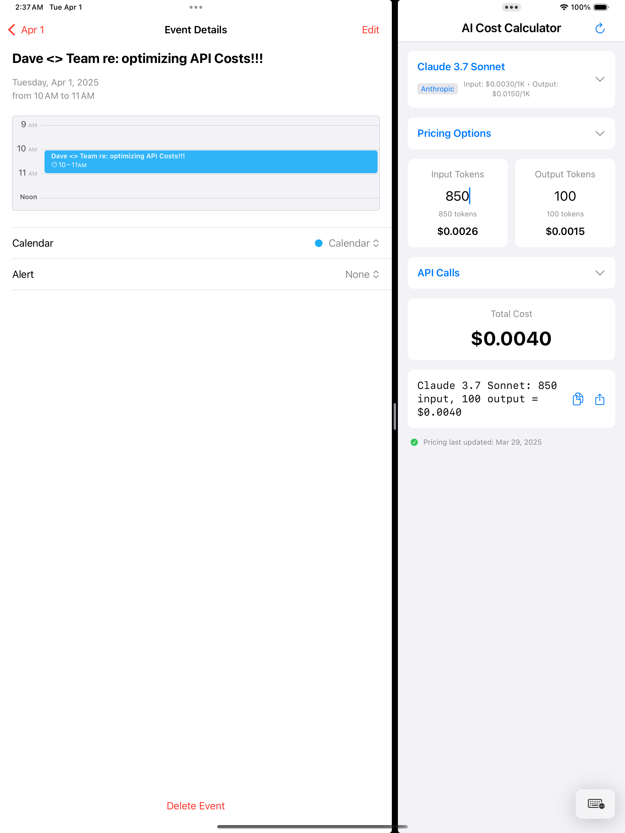 AI Cost Calc iPad - Settings